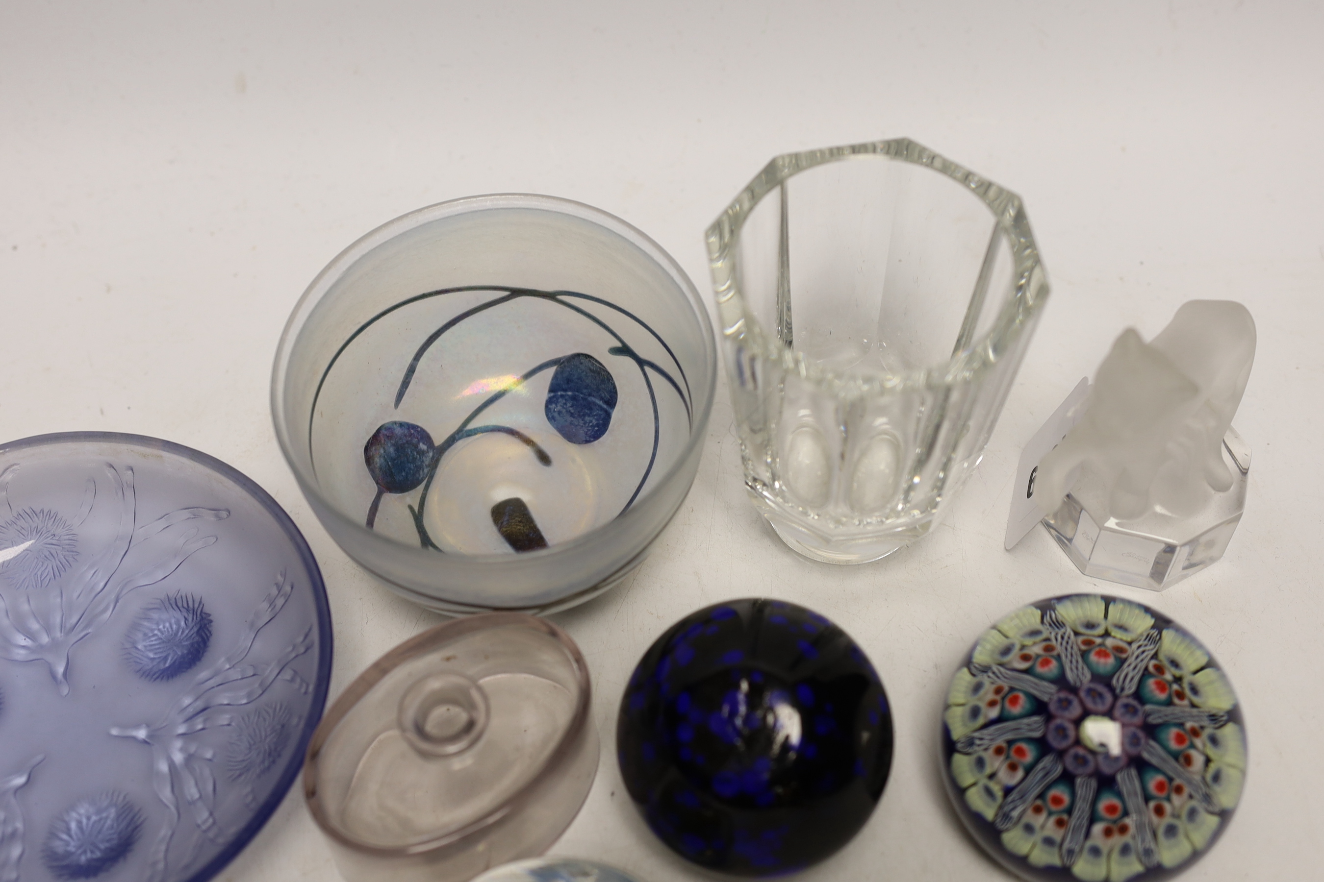 A collection of signed 20th century glassware, a Goebel cat, a Sabino dish, a bowl, an ink bottle, vase and three paperweights, vase 10.5cm